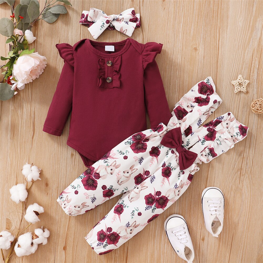 Newborn Baby Girl Romper Floral - Ensemble de vêtements 3 pièces pour