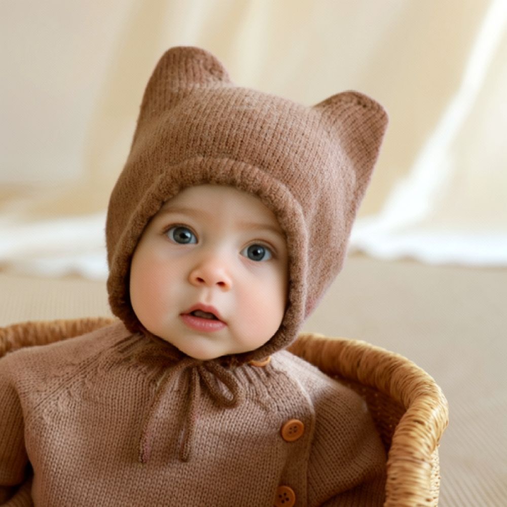 Infant Beanie Hat With Ears - Bonnet d’hiver tricoté pour bébé, chaud,